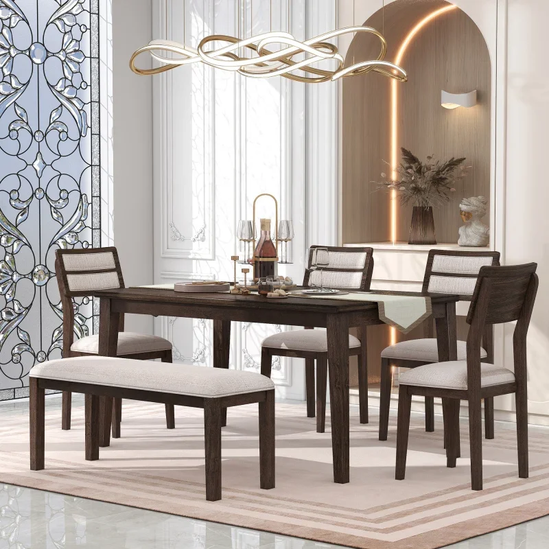 6 Piece Dining Set, 1 Dining Table, 4 Upholstered Chairs & Bench Classic Traditional Style living room furniture(White+Gray)