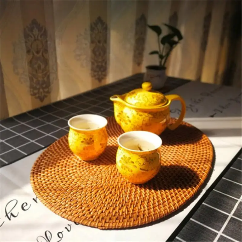 

Cup Mat Round Natural Rattan Coasters Bowl Pad Hand Woven Hot Insulation Placemats Table Padding Bowl Pad Kitchen Accessories