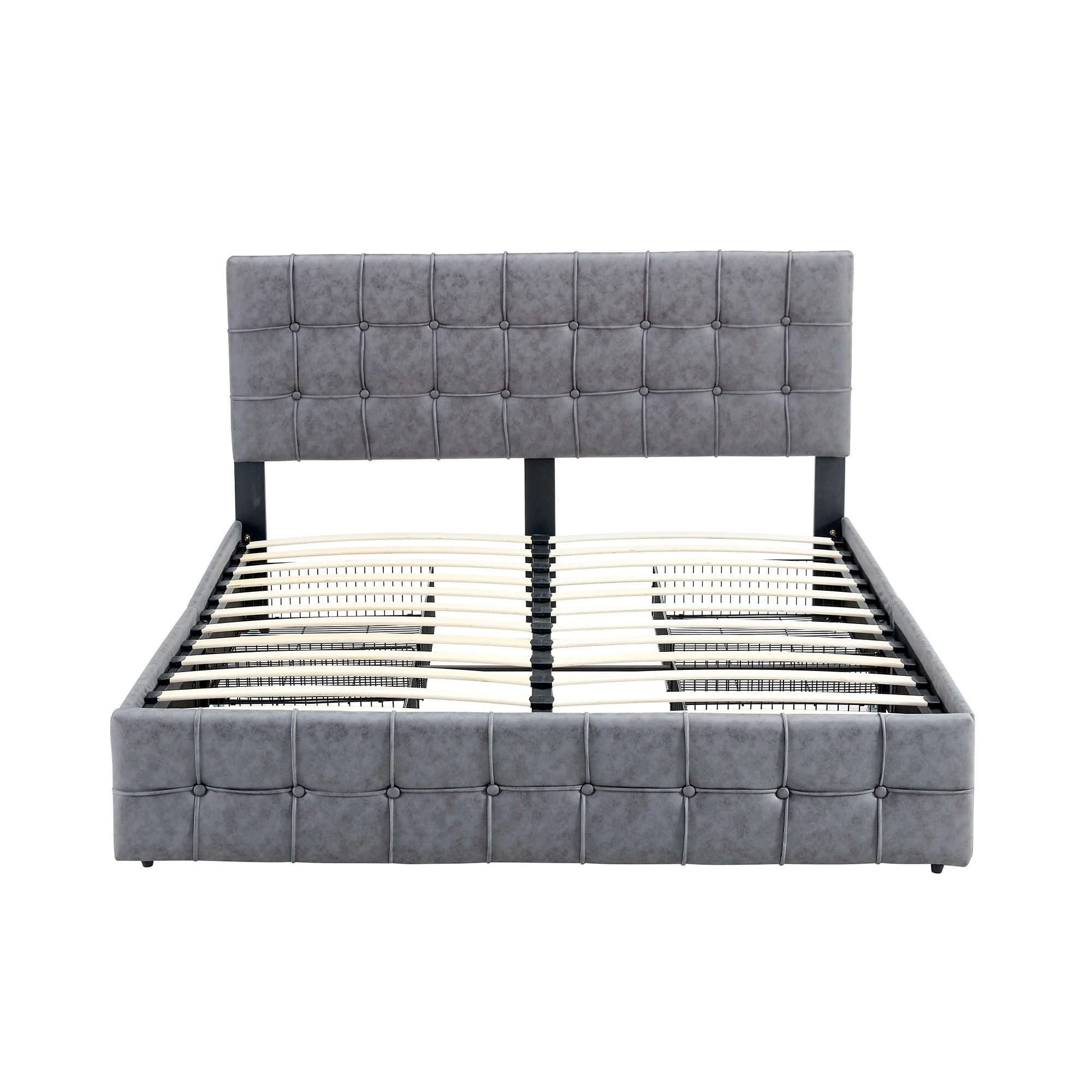 

Queen Size Grey Tech cloth Button Embedded Adjustable Headboard Height Upholstered Bed Frame with 4 Storage Drawers