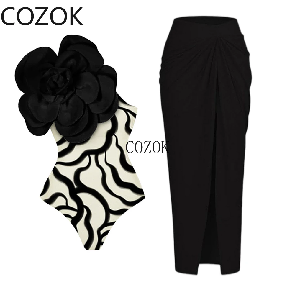 Women Swimsuit Simple Solid Color One-Piece with Cluster Decoration In Black/White on The Shoulders, Fashionable and Elegant