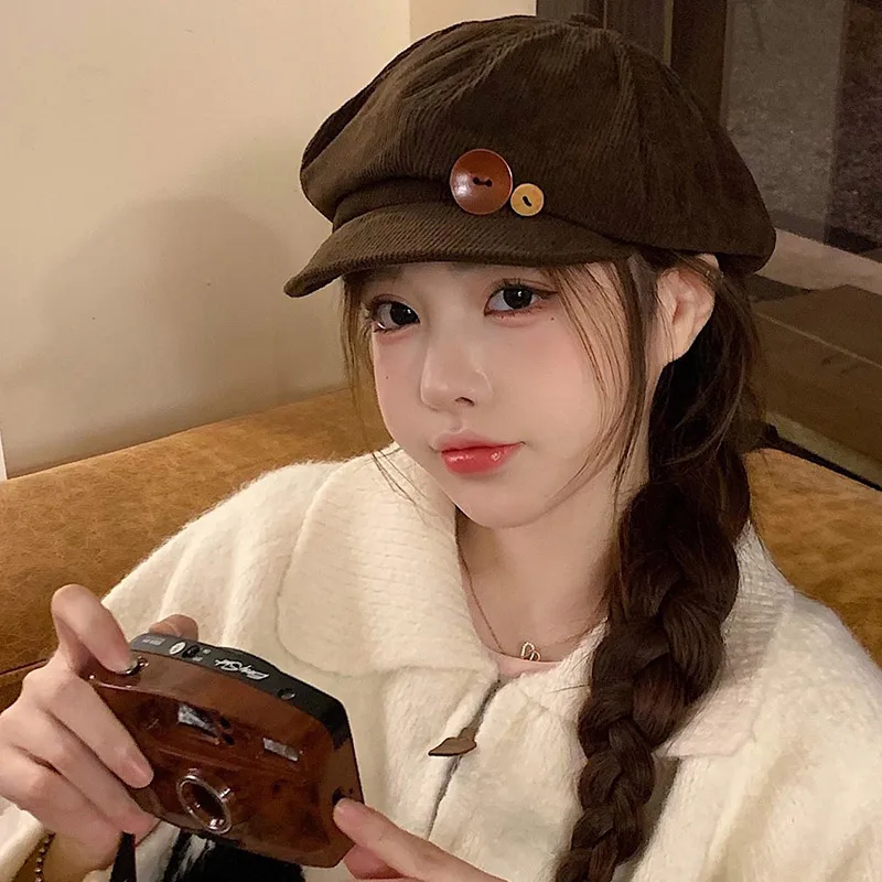 RICYGVM Berretto ottagonale in velluto a coste con bottoni retrò per donne, cappello da pittore, artista, ragazze giapponesi, berretti con visiera marroni, berretti autunnali e invernali_voghion.com
