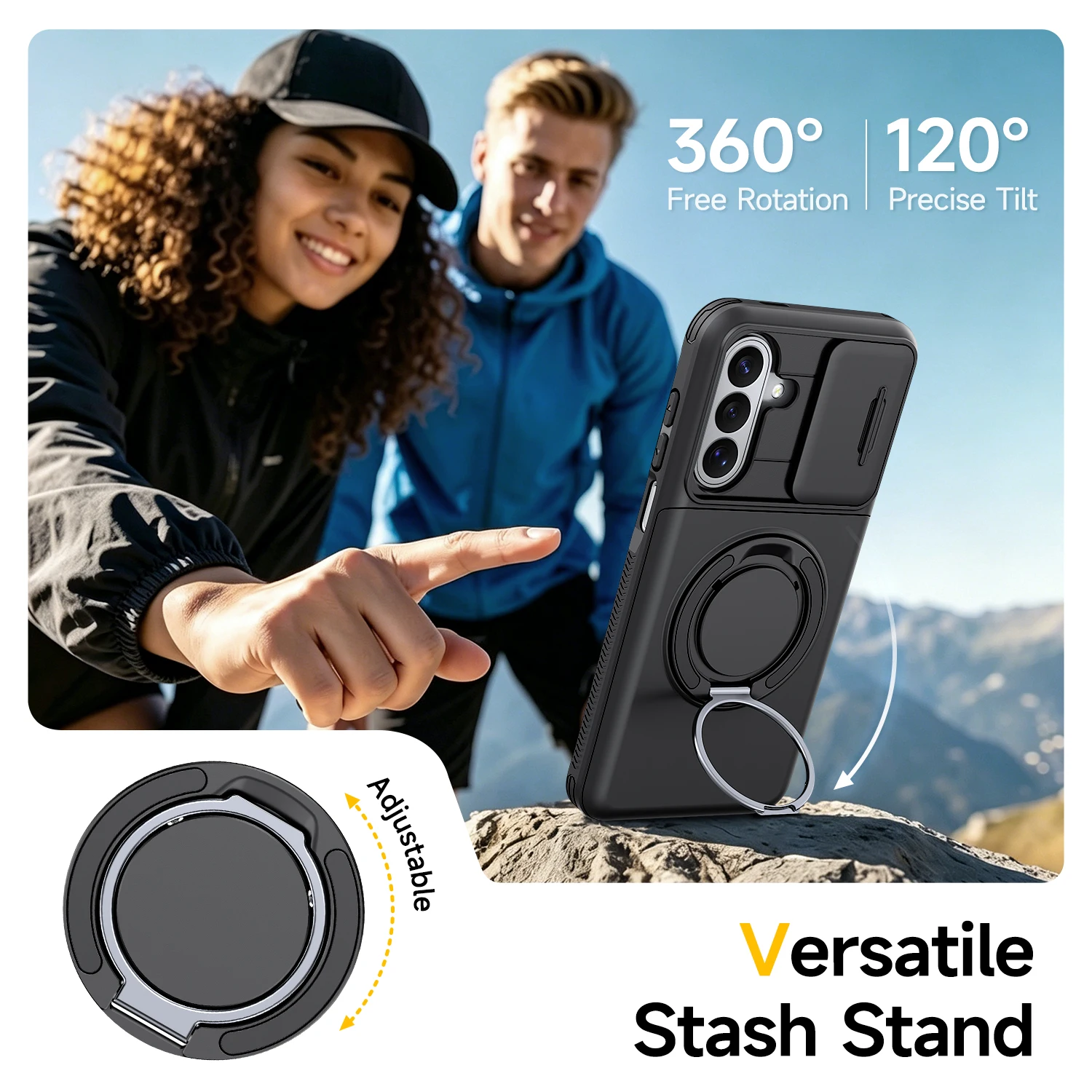 Armor Ring Bracket Holder with Card Slot and Sliding Camera Protection Cover
