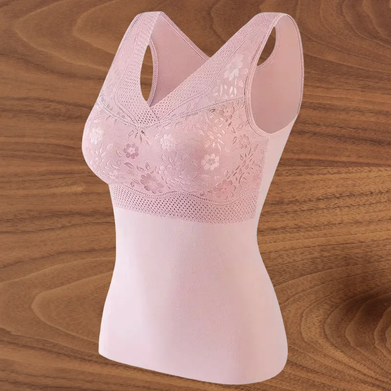 Warm Winter Thermal Tank Tops Women Soft Thick Fleece Undershirt Stretch Velvet Thermal Vest Singlet Underwear with Bra Padded