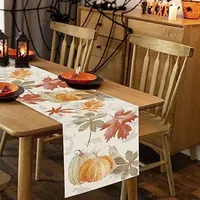 Autumn Pumpkin Maple Leaf Watercolor Retro Table Runner Thanksgiving Harvest Home Kitchen Dining Party Decor Washable Table Flag 2
