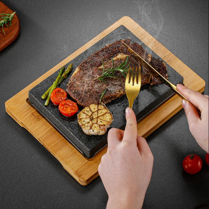 

Lava Stone Steak Plate with Wood Tray Cooking Hot Stones for Steak Indoor Grill Sizzling Hot Steak Stone Cooking Rock Set