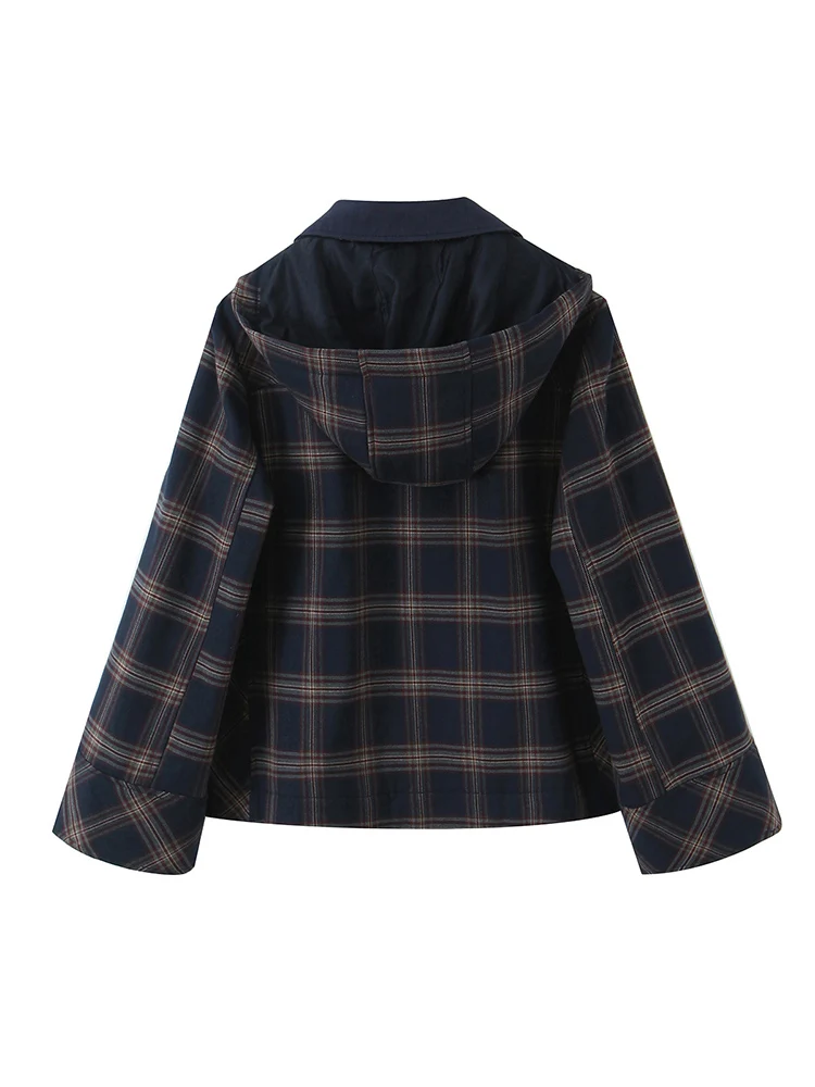 Women's Plaid Hooded Jacket Coat Casual Long Sleeve Spring Autumn Outerwear Vintage Fashion Lady High Street Casual Outfit