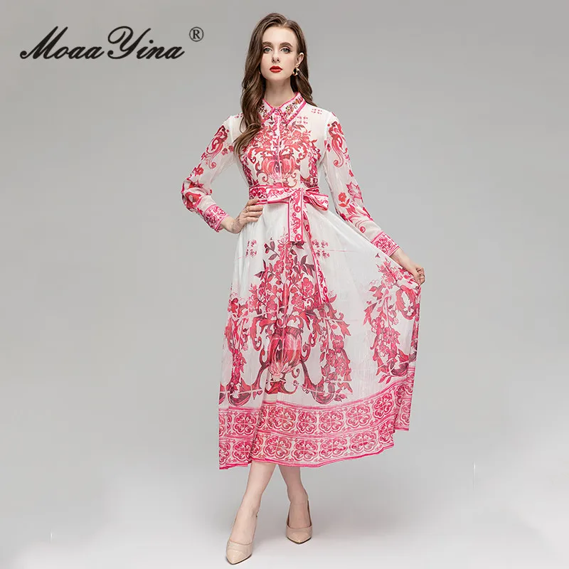 

MoaaYina Summer Fashion Runway Vintage Safflower Porcelain Printing Dress Women Diamond Lapel High Waist Strappy Slim Long Dress