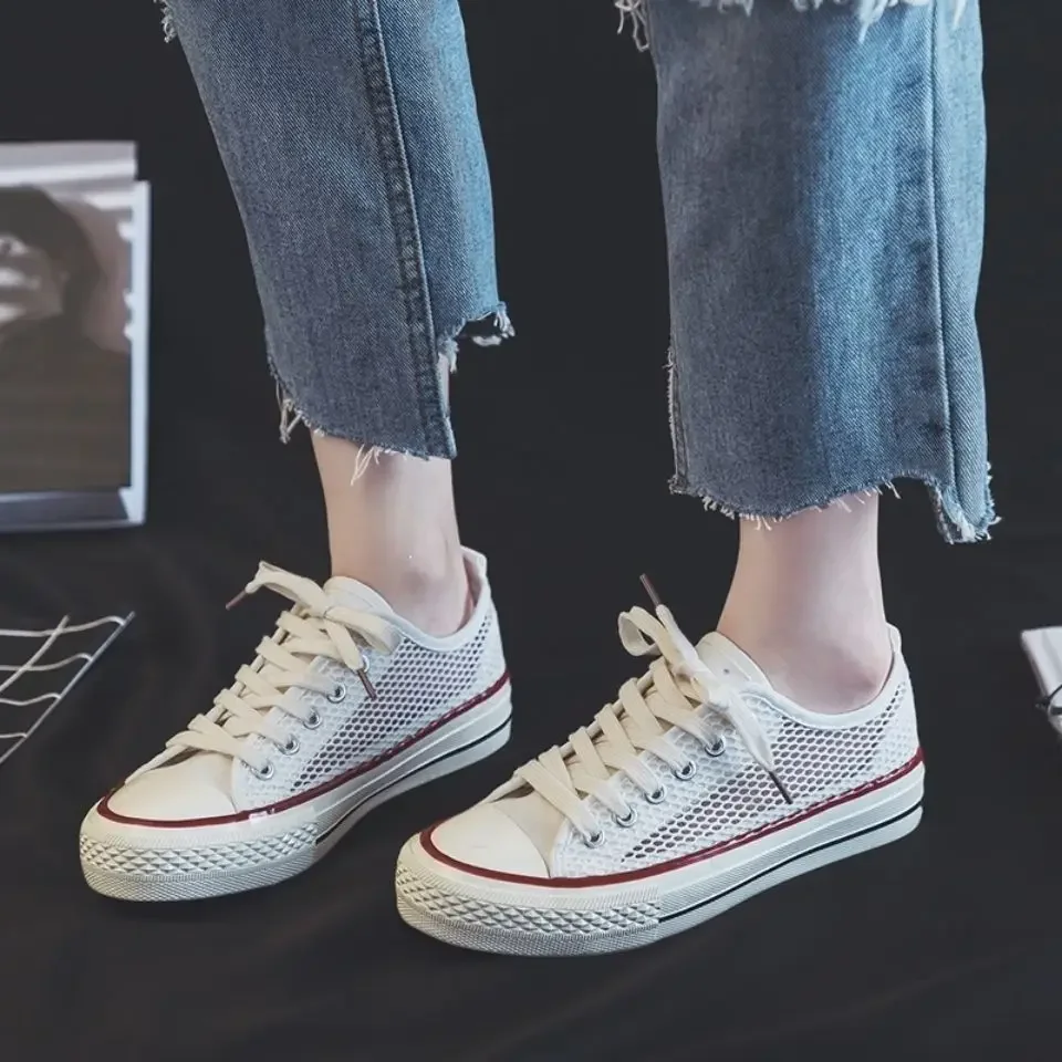 

Sports Flat Sneakers Women's Shoes Low Lace Up Mesh Breathable Canvas Female Footwear Athletic Vulcanized for Korean Trends 2024