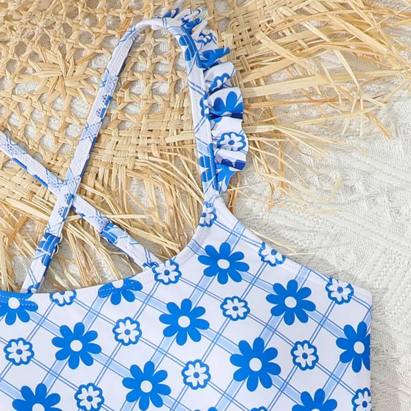 3pack Children Girls Blue Flower Printed Bikini Sets 8-12 Years Kids Swimsuit Skirts Swimwear Teens Beach Bathing Suit