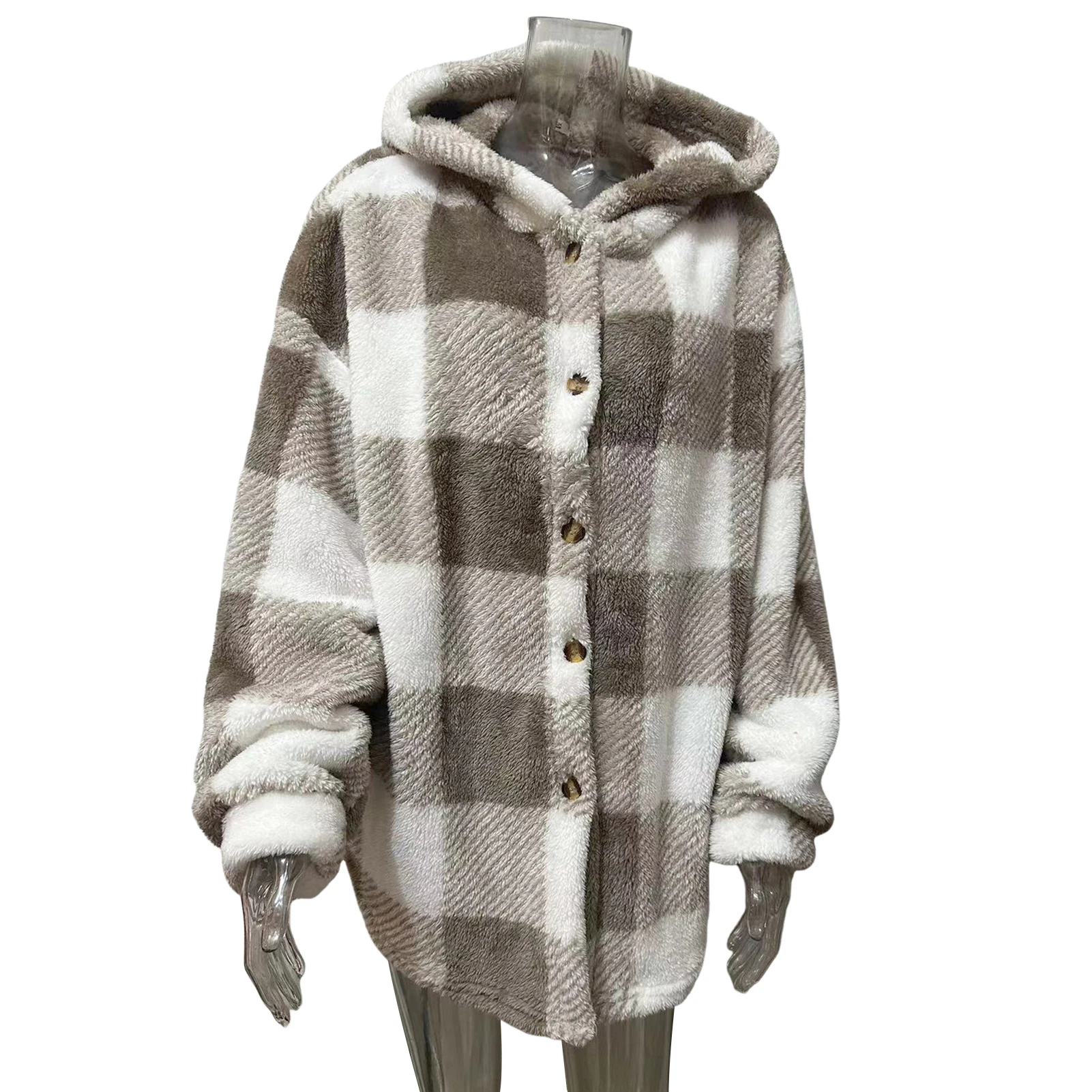 Winter Lady Coat Conrast Color Plush Lined Flannel Long Sleeves