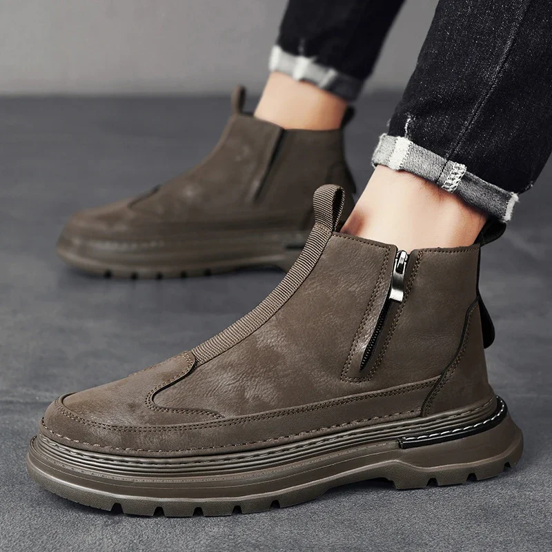 

Мужские ботинки на нескользящей подошве, Черные ботильоны с круглым носком и боковой молнией на платформе, повседневная обувь для улицы, новинка зимнего сезона 2023