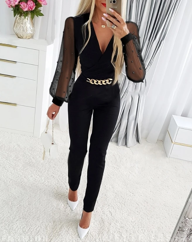 Women's Jumpsuit Beaded Sheer Mesh Patch Chain Decor V-Neck Female Fashion Lantern Sleeve Ruched Casual Elegant Long Jumpsuits solid ruched bodycon jumpsuits for women zipper up long sleeve sexy sheer mesh rompers midnight clubwear party sheath outfits