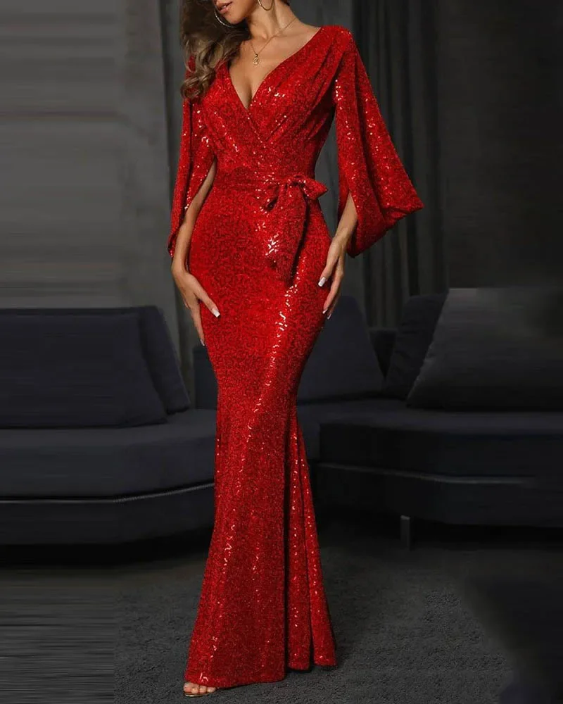 

Women Mermaid Trumpet Red Sexy Sequin Prom Evening Dresses with Long Sleeves Custom Made Dress