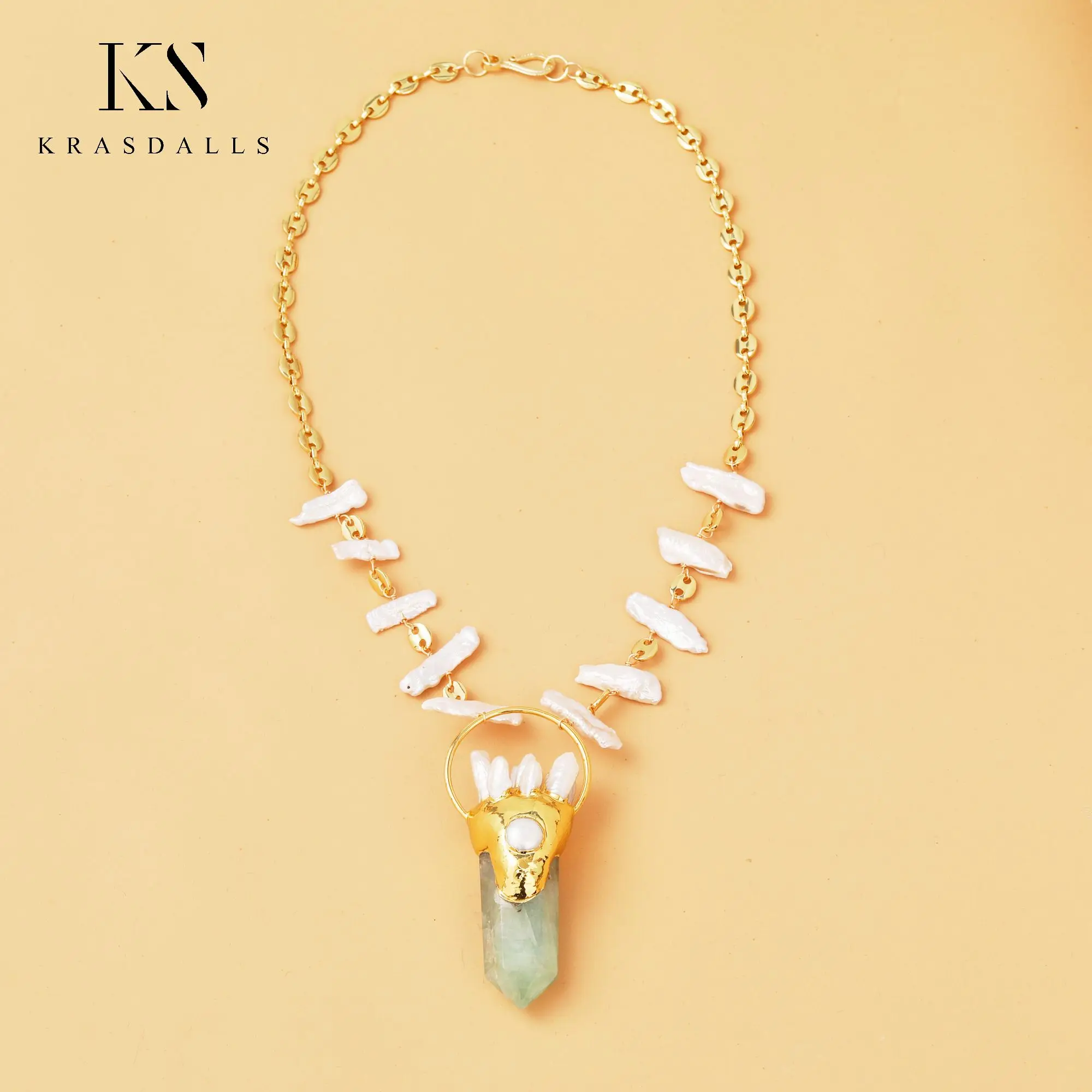 

Natural Green Fluorite Pendant Healing White Biwa Pearl Bead Gold Plated Necklace Wedding Jewelry Gift