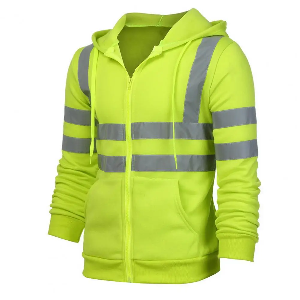 Men Reflective Safety Hoodie Zipper Sweatshirt High Visibility Construction Workers Work Clothes Night Running zip up hoodie sweatshirt jacket