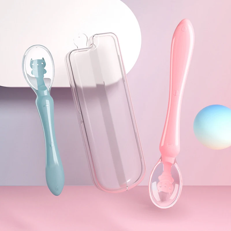 Baby Silicone Soft Spoon, for Baby Children's Tableware, Candy Color Spoon, Babies Accessories, Feeding Tools, 2Pcs Spoons with Box, Silicone Feeding Spoon, Silicone Cutlery Set, Fork Spoon Set, Baby Cutlery