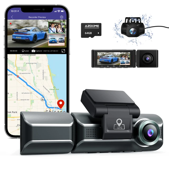 AZDOME 3 Channel Dash Cam, Front Inside Rear Three Way Car Dash Camera, 4K+1080P Dual Channel, With GPS, WiFi, IR Night Vision 1