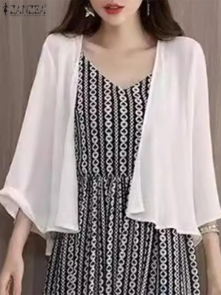 ZANZEA 여성용 커버 업 기모노 상의, 올 매치 플레어 소매, 베이직 셔츠, 한국 패션, 비치 쉬어 쉬폰 가디건, 여름