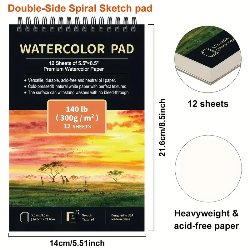 2 Stück 12 Blatt Aquarell-Skizzenbuch 14,81 x 21,01 cm, Aquarellpapier Kaltpresse (63,5 kg/300 g/m2, spiralgebundenes Wasser C – Detail 19
