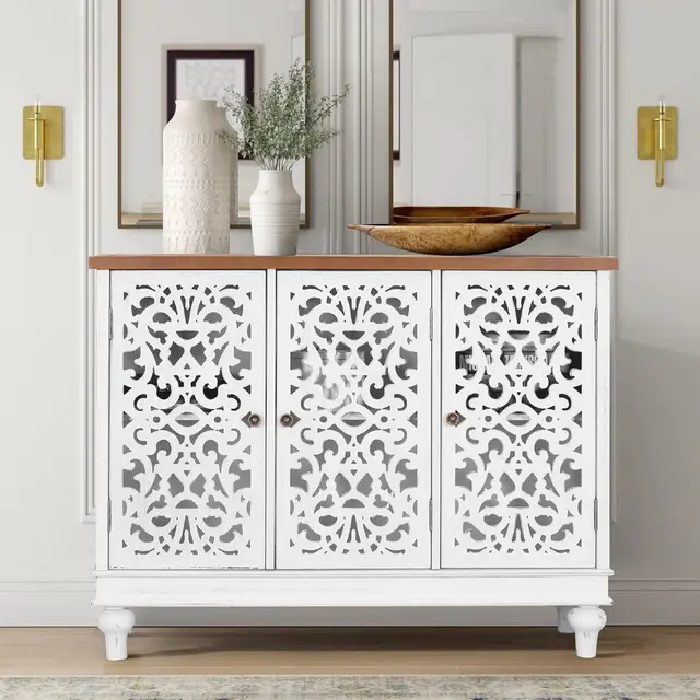 White Accent Cabinet with Doors, Farmhouse Credenza Cabinets for Living Room, Sideboard Buffet Cabinet with Storage, Customized