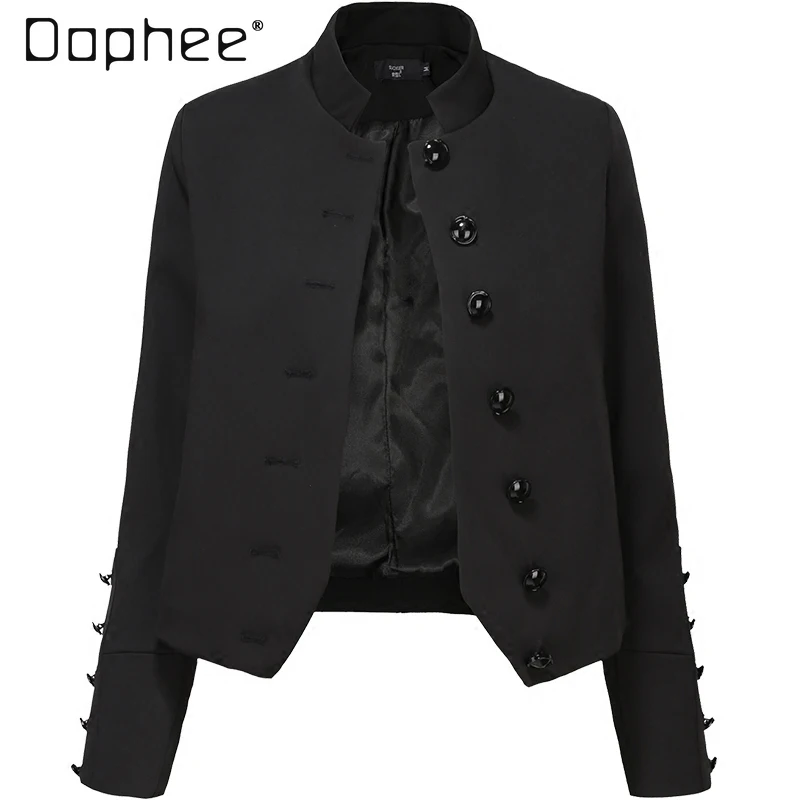 Handsome Black Suit Coat Ladies 2024 Spring and Autumn New Elegant Slimming Long Sleeve Stand Collar Blazer Jackets for Women