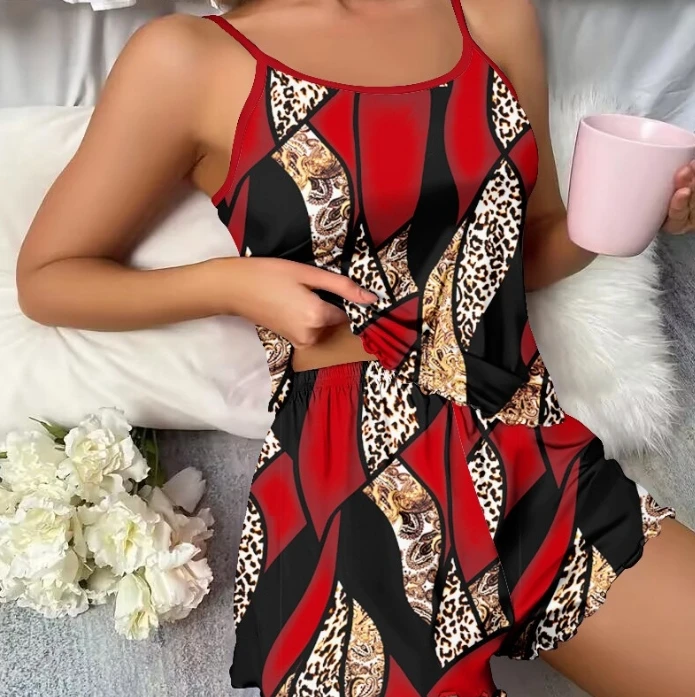 Women's Contrasting Leopard Print Home Pajama Set for Spring/summer 2024 Latest Round Neck Sleepless Loose Fitting Two-Piece Set