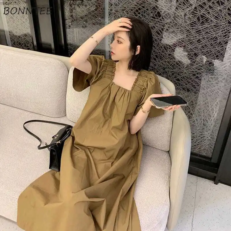 

Short Sleeve Dresses Women Elegant Solid Leisure Streetwear Korean Style Chic A-line Female Popular Summer Casual Sweet New Ins