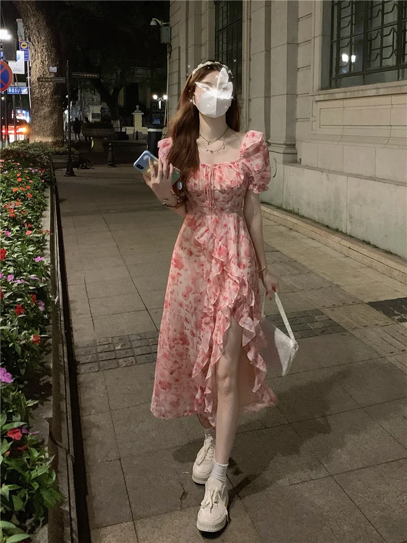 Vintage Puff Sleeve Irregular Print Dresses for Women Ruffled Elegant  Casual Party Korean Fashion Floral Long Dress Summer 2023