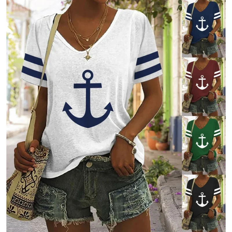 

Women's Summer New Loose Top Fashion Temperament Commuter Short Sleeve Pullover Sexy V-Neck Plus Size Casual Stripe T-Shirt