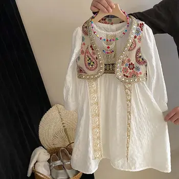 New Children's Ethnic Style Dress National Style Printed Vest Two Piece Set 1