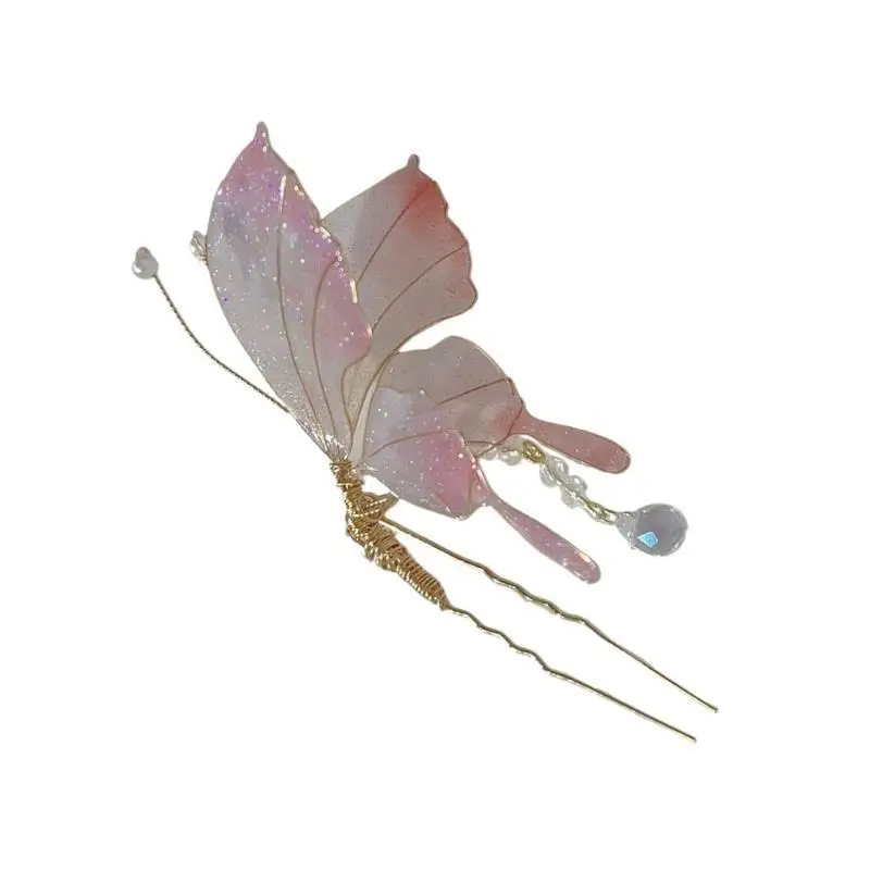 A52E Eleganter Haarstab, 3D-Schmetterlings-Haarteil mit funkelndem Schmetterling für Abendgarderobe, Foto-Requisiten – Detail 7