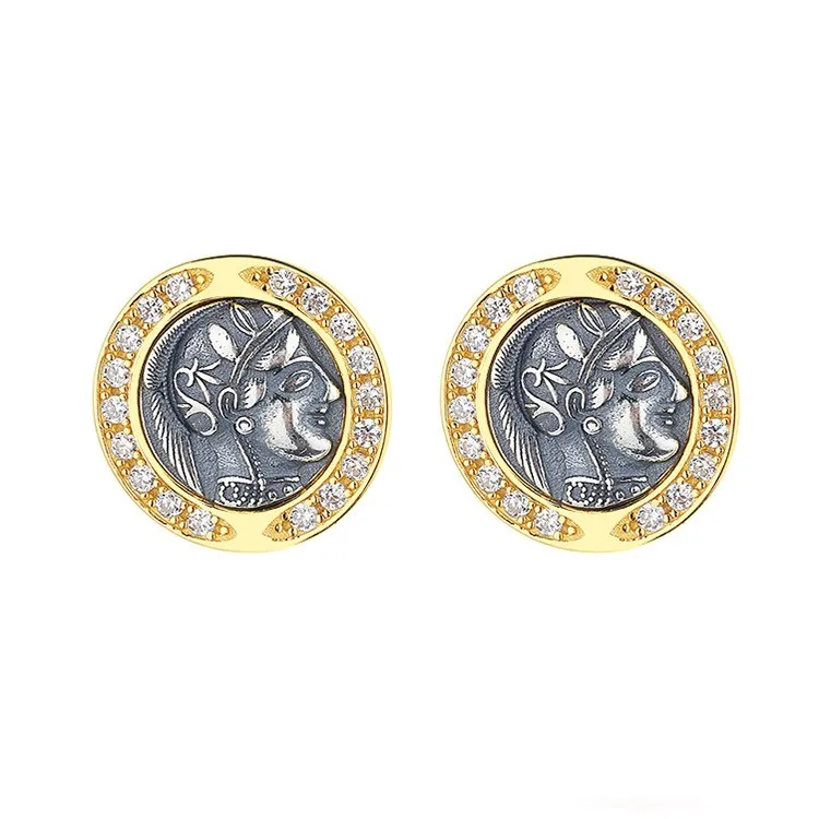 

YDN-2 ZFSILVER 925 Silver Fashion High Quality Luxury Gold Retro Athena Ancient Coins Earrings Jewelry Women Match-all Girl Gift