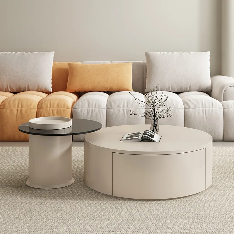 

Cream style circular coffee table TV cabinet combination, modern and simple living room, home use, quiet style small and medium-
