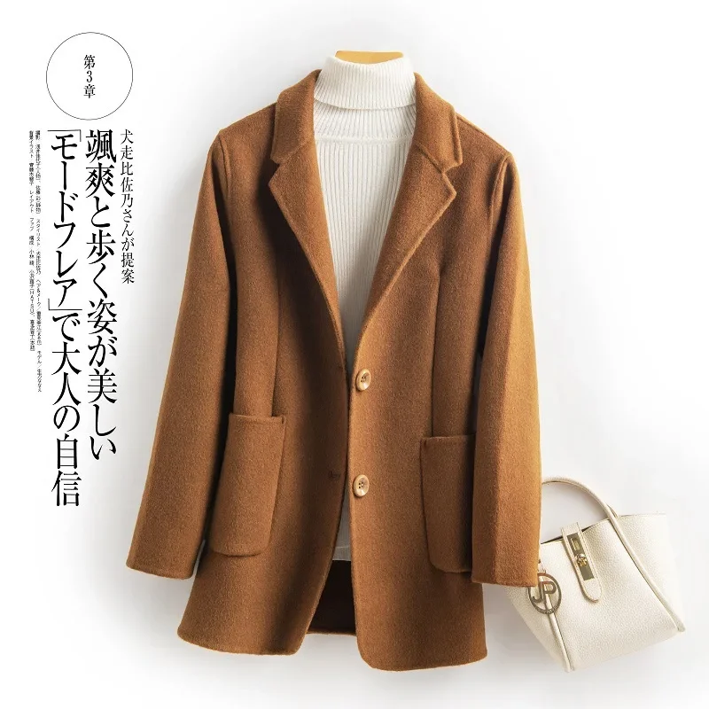 

Women's Long Sleeve Woolen Blends Coat, Slim Lady Turn-Down Collar, Thick Loose Winter Jackets, Autumn, 2023