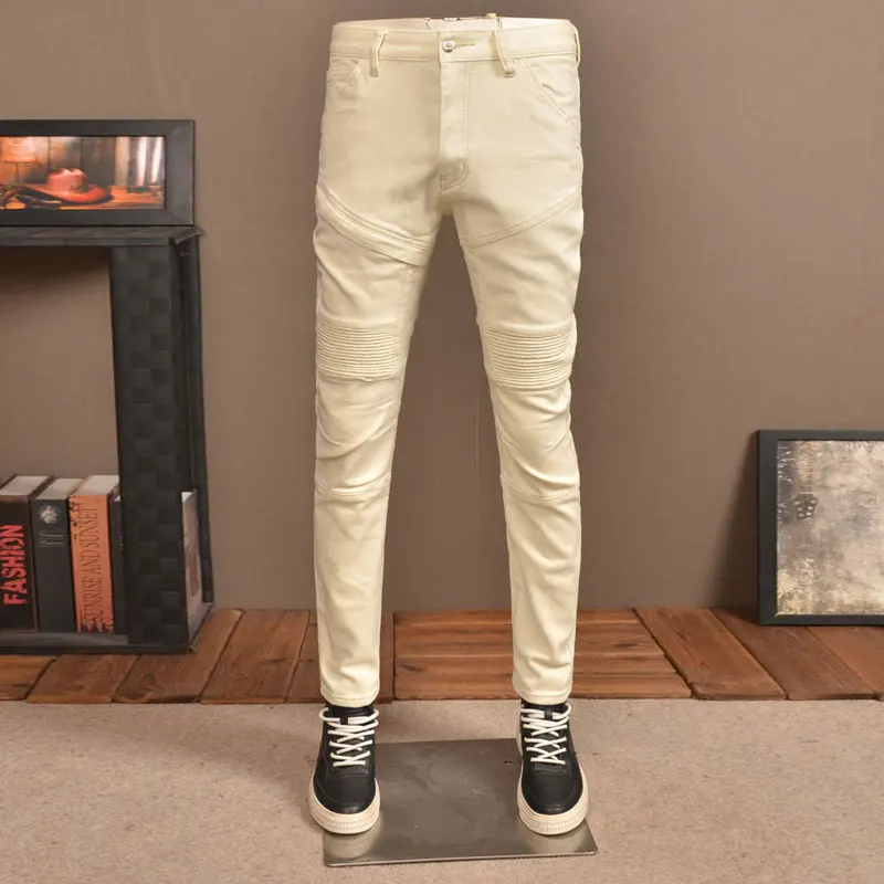 Streetwear Fashion Men Jeans Beige Yellow Stretch Skinny Fit Spliced Designer Biker Jeans Men Patched Hip Hop Denim Pants Hombre