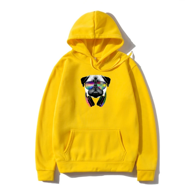 

Pug Dog Puppy Headphones Funny Hoody Women Fleece Outerwear Cotton Blend S-5X