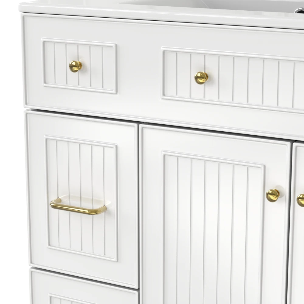 81,7 cm moderner stehender Badezimmerschrank mit Keramikwaschbecken, lackierter Oberfläche, multifunktionaler Stauraum und Massivholzfüßen – Detail 15
