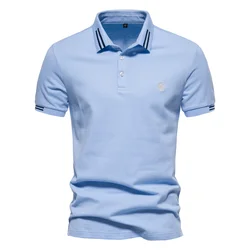 AIOPEON 100% Cotton Men's Solid Color Short Sleeve Polo Shirt - Casual Summer Designer Wear - EUR L 80 - 90kg (LightBlue)
