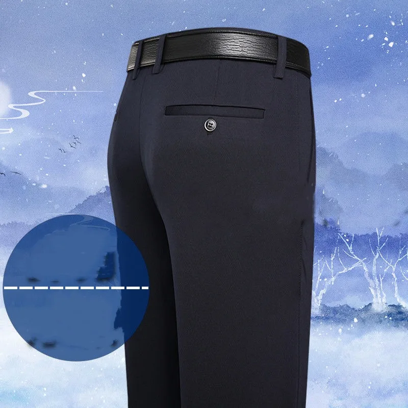 Spring Autumn Men's Clothing Business Casual Elastic Breathable High Waist Thickened Trousers Polyester Straight Leg Pants