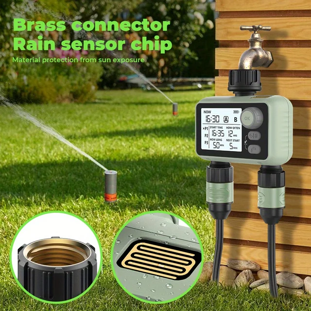 Eshico automne plus récent minuterie d'eau à 2 sorties A/B 6P plans retard d'arrosage avec capteur de pluie Intelligent Joint en laiton et opération de bouton 6