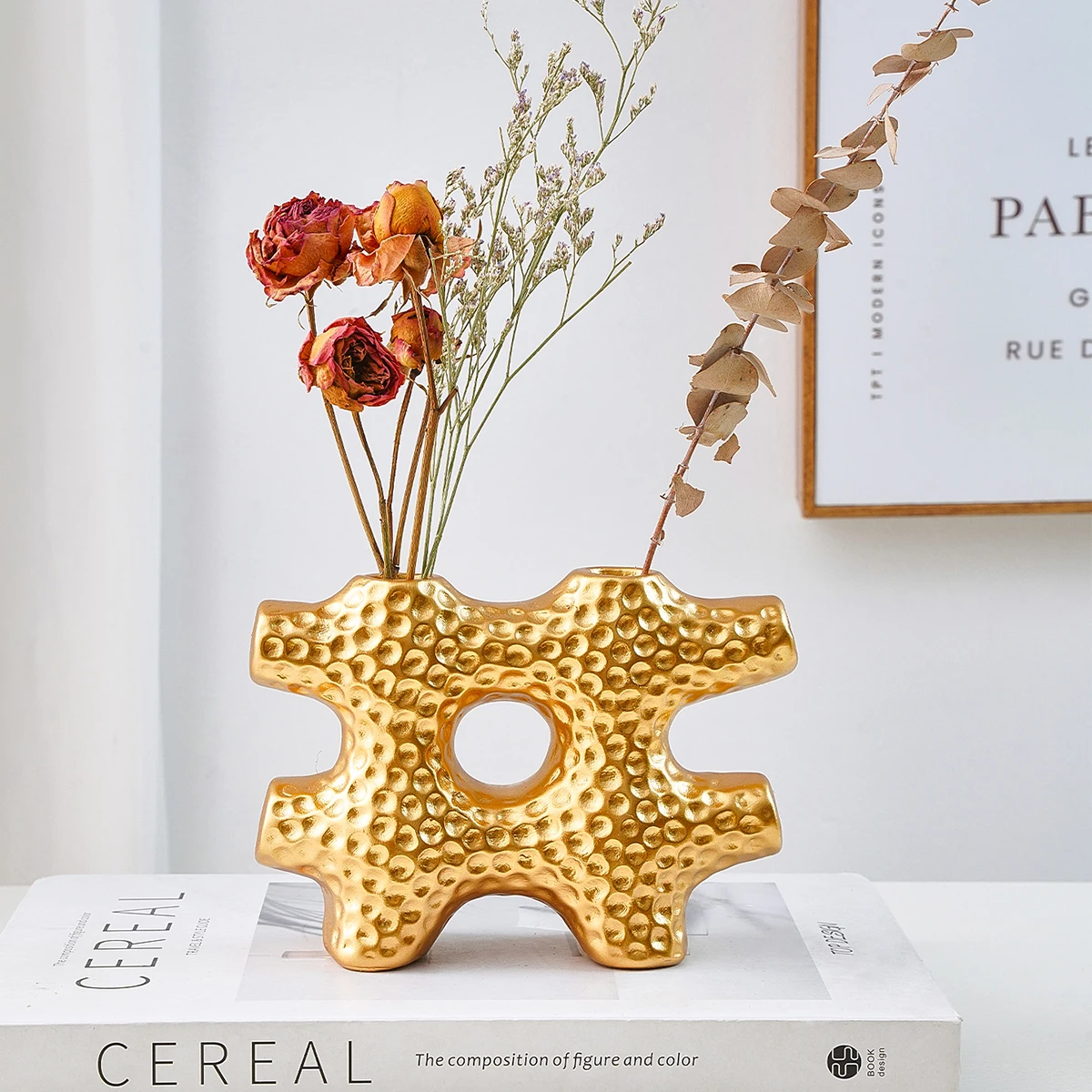 1PC, modern creative peanut-patterned checkered decorative vase, resin material home decorative vase