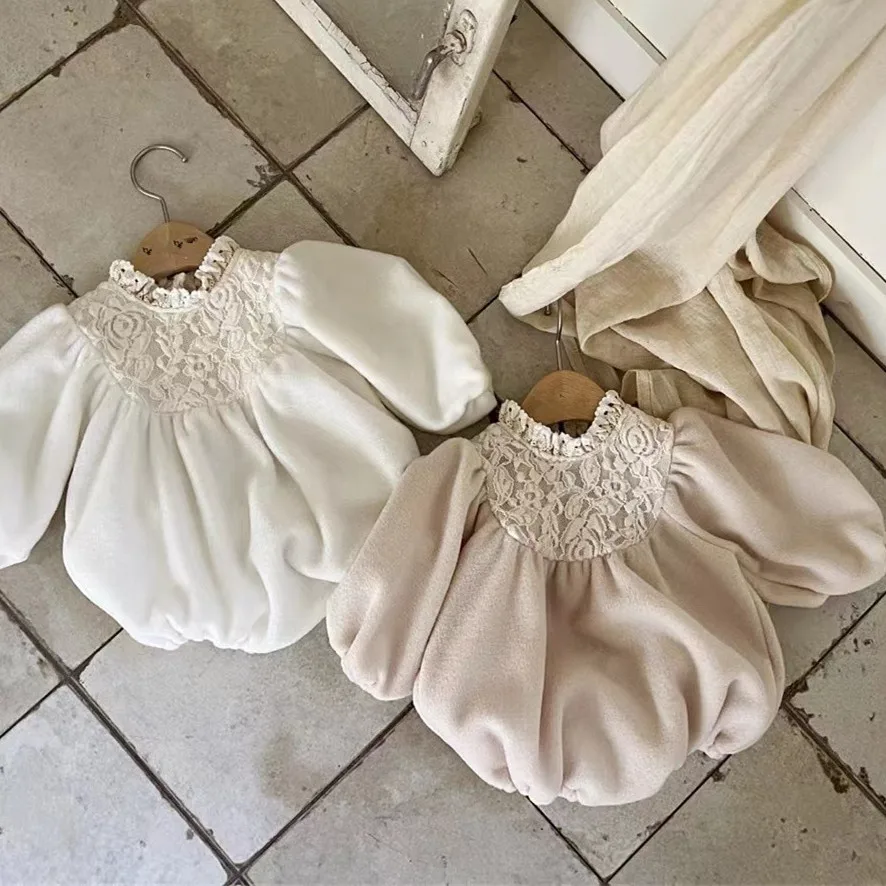 Body de lana con cuello de encaje grueso para bebé, mono de manga