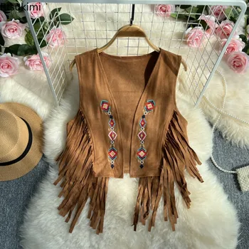 Gilet bohémien Top da donna per donna Ricamo geometrico Nappa Scollo a V Cappotti senza maniche Capispalla Gilet estivo retrò casual
