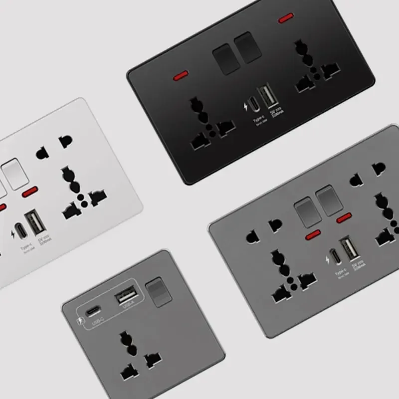 Tomada de Parede Inteligente Universal com Indicador de Energia Reino Unido tipo c Plugue de Carregamento Rápido Saída Dupla Preto 3.1a 18w