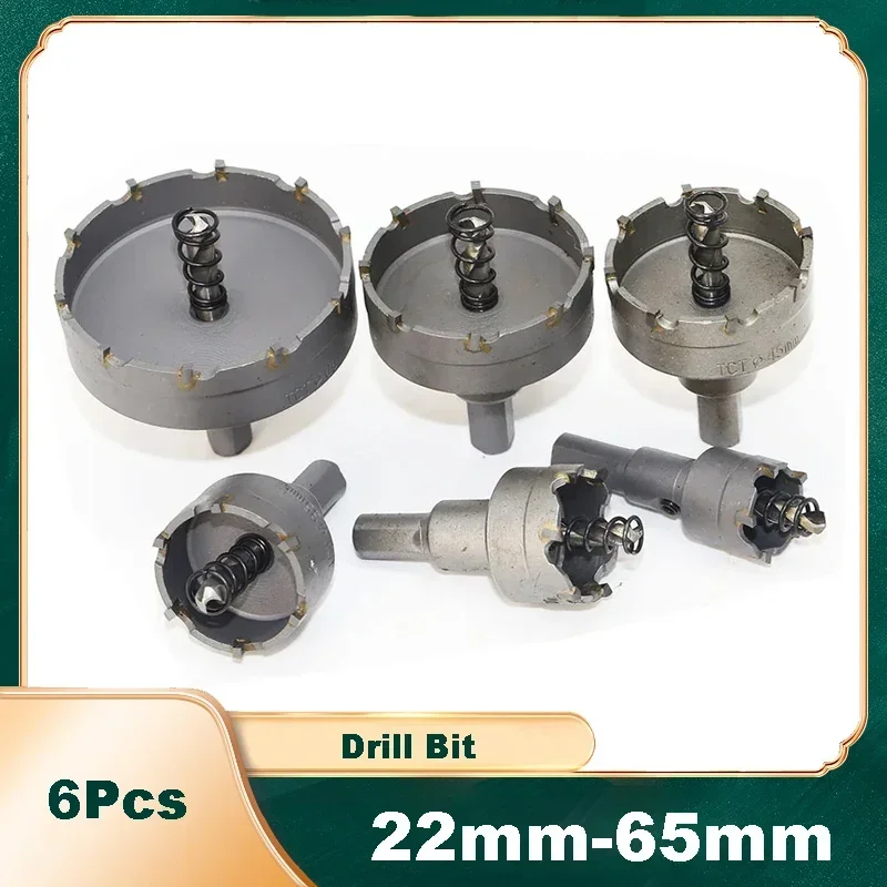 

6Pcs/set 22-65mm Alloy Hole Saw Set Carbide Tip Cutter Core Drill Bit Kits for Stainless Steel Metal Drilling Crown Hole Opener