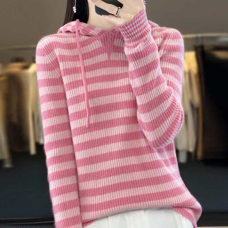 

2023 Autumn/Winter New 100% Wool Cashmere Sweater Women's Knitted Casual Hooded Pullover Loose Stripes Fashion Soft Women's Top