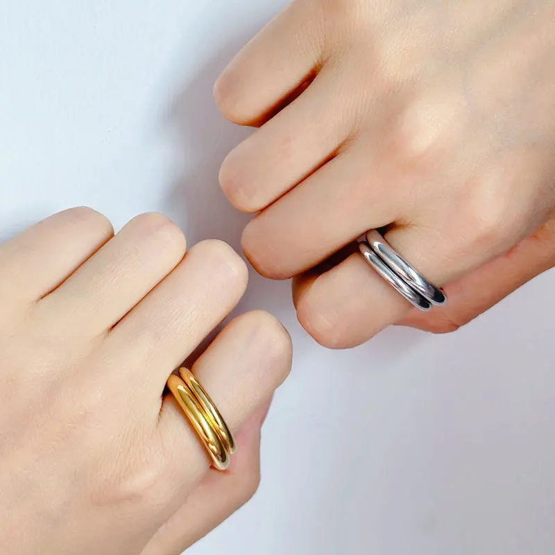 Vintage Double Round Circle Small Round Finger Ring for Women 18K Gold Plated Waterproof Stainless Steel Rings Hiphop Jewelry