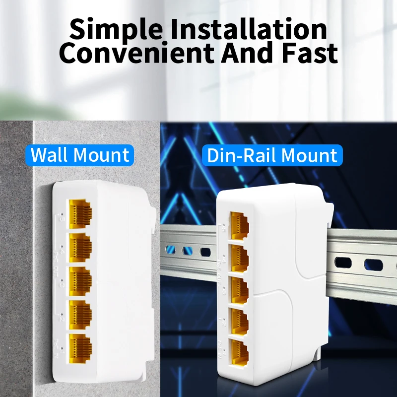 HORACO 5 Port Gigabit POE Extender 4 Port PoE Repeater 100/1000Mbps DIN Rail Network VLAN for 48V POE Camera Wierless AP CCTV 6