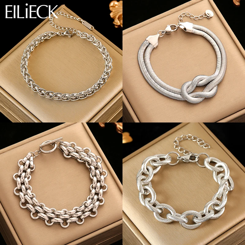 EILIECK 316L Stainless Steel Silver Color Thick Bracelet For Women Trendy Punk Wrist Chain Waterproof Jewelry Gift Party Bijoux