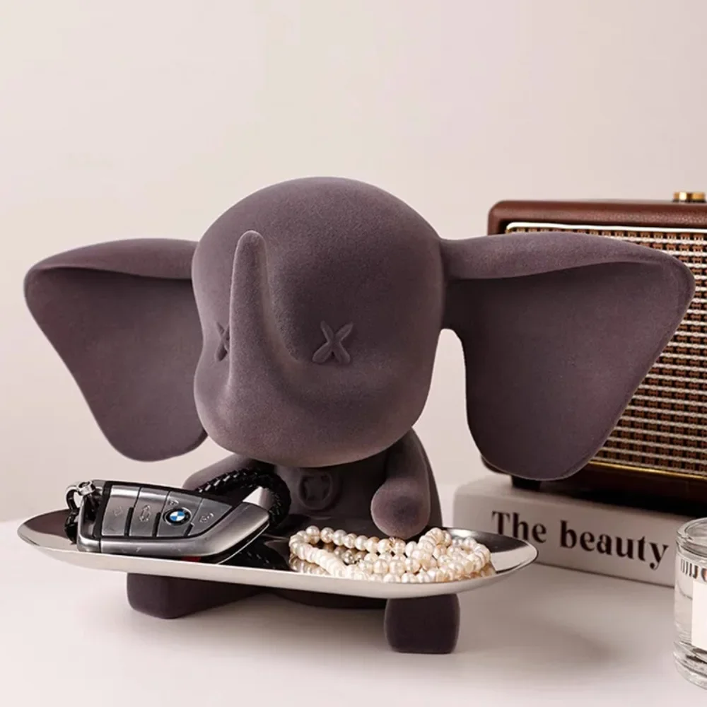 Home Accessories Flocking Dumbo Key Storage Tray Living Room Decoration Resin Flocking Ornament Craft Gifts Home Decor Figurine